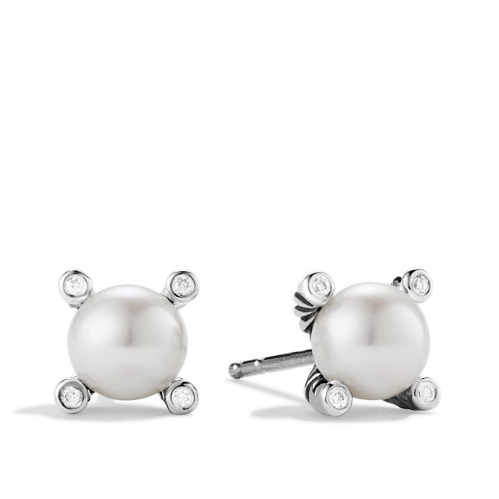 David Yurman Sterling Silver Pearl and Diamond Stud Earrings